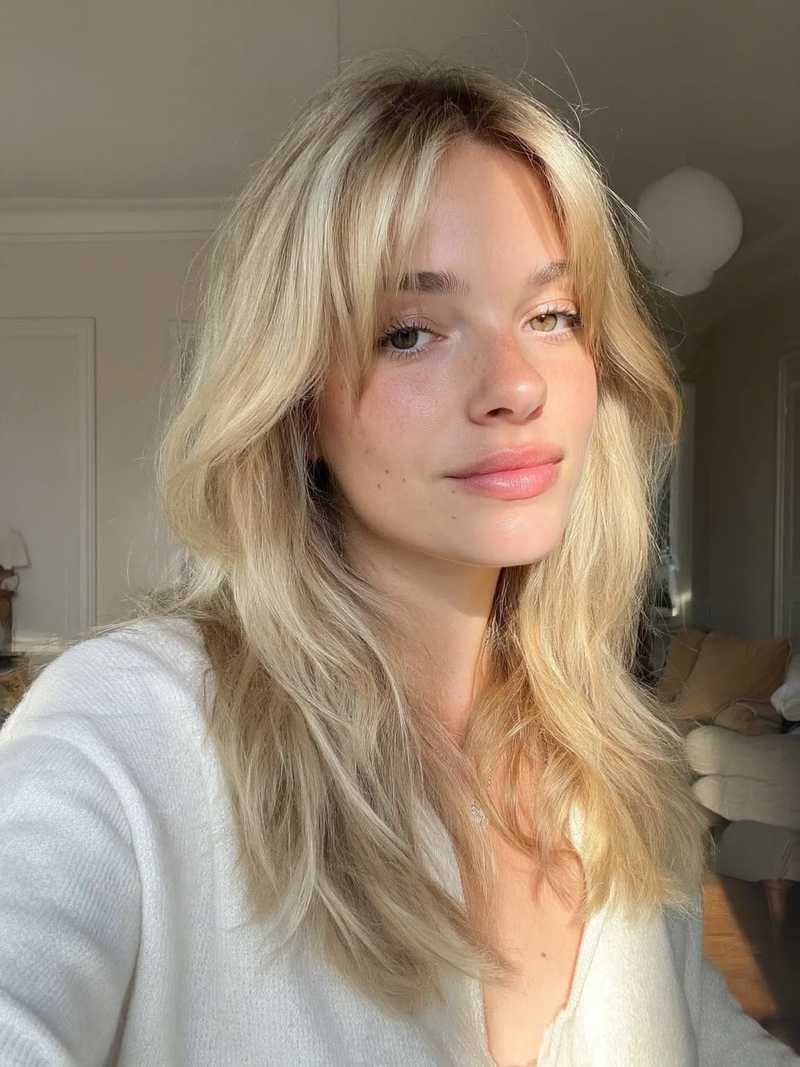 Long Wavy Layers with Soft Curtain Bangs in Sandy Blonde